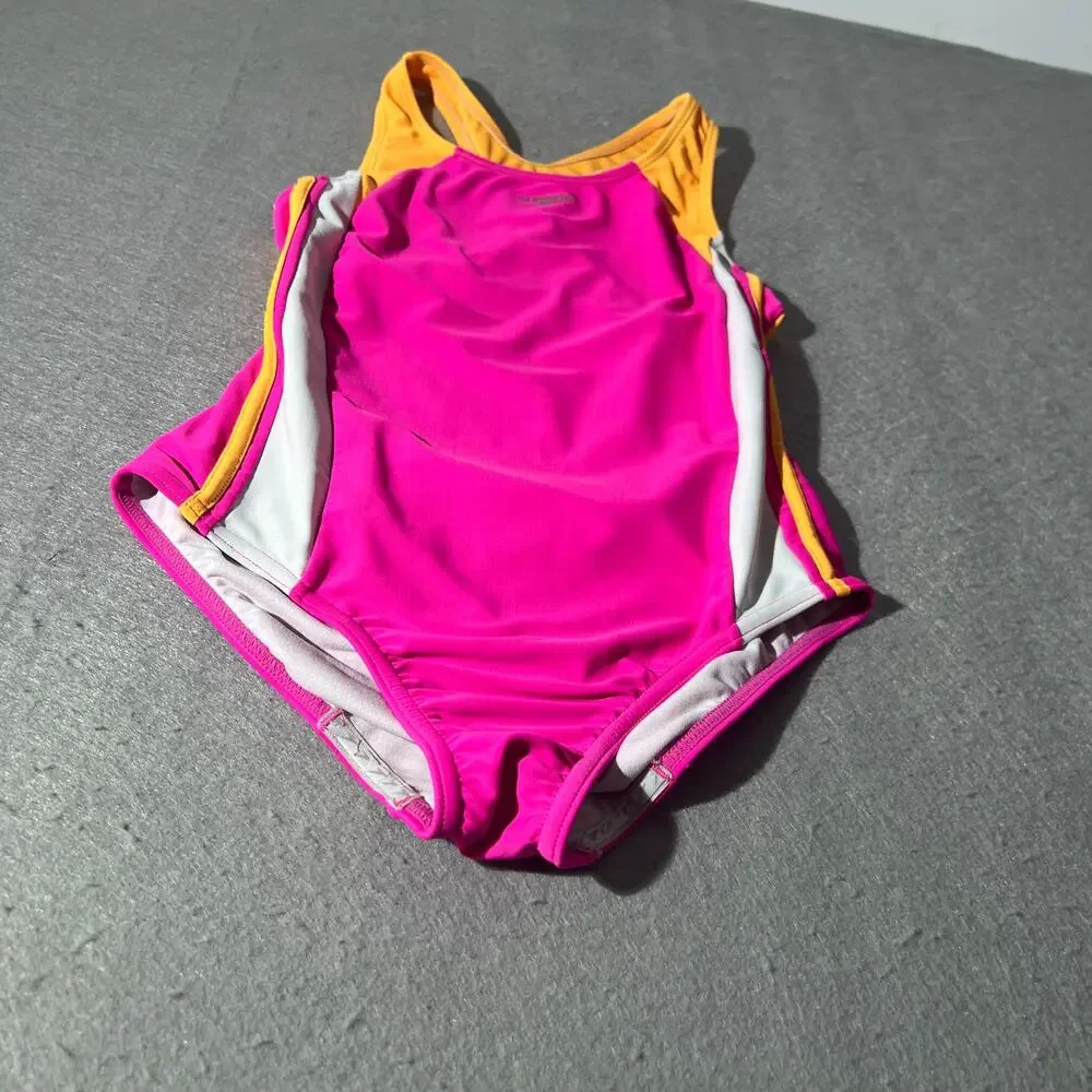 Speedo Girls Size 14 Pink Orange White Colorblock Racerback One Piece Swimsuit